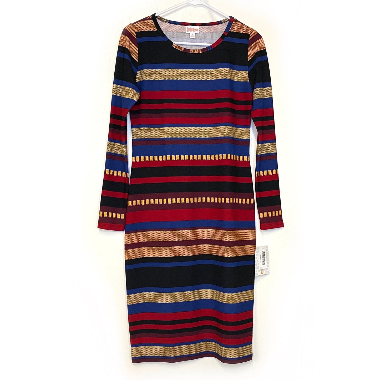 LuLaRoe Womens Size S ‘Debbie’ Black/Red/Blue Roman Stripes Dress