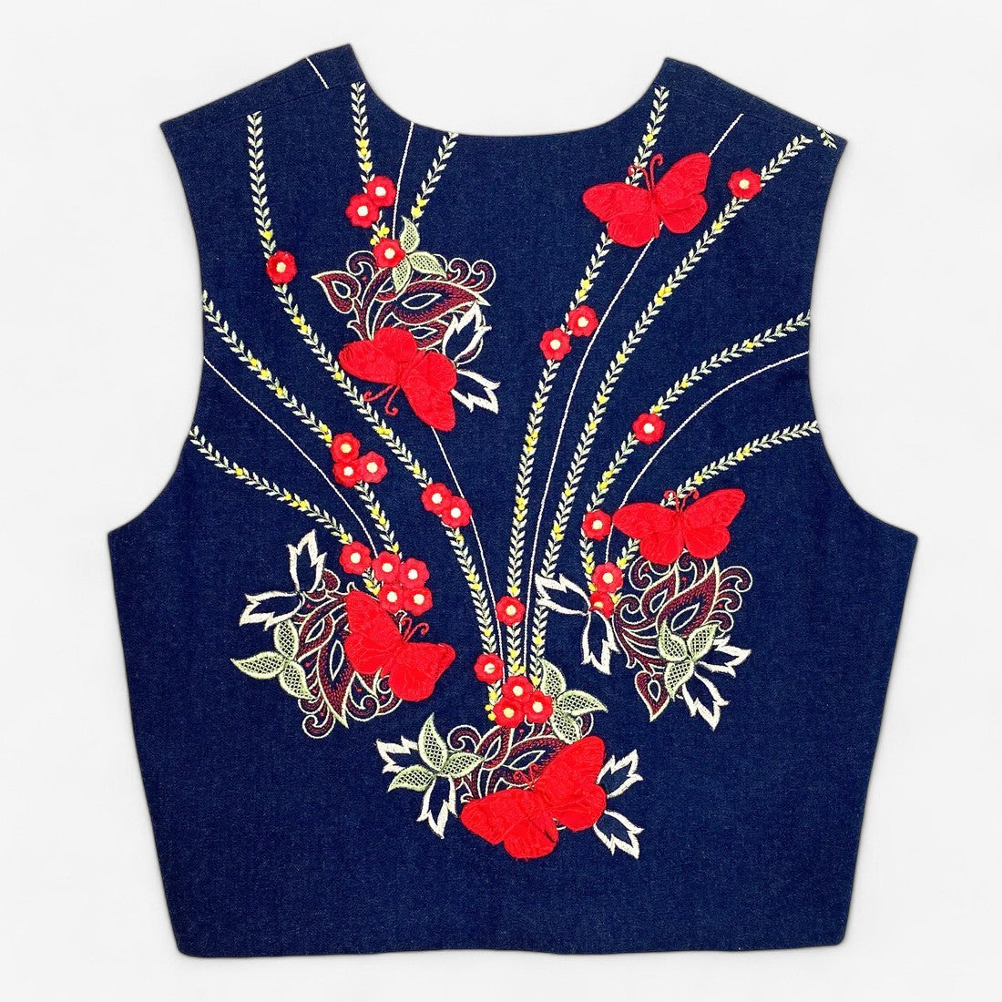 Women's Handmade Blue Denim Vest with Floral and Butterfly Embroidery - Size L