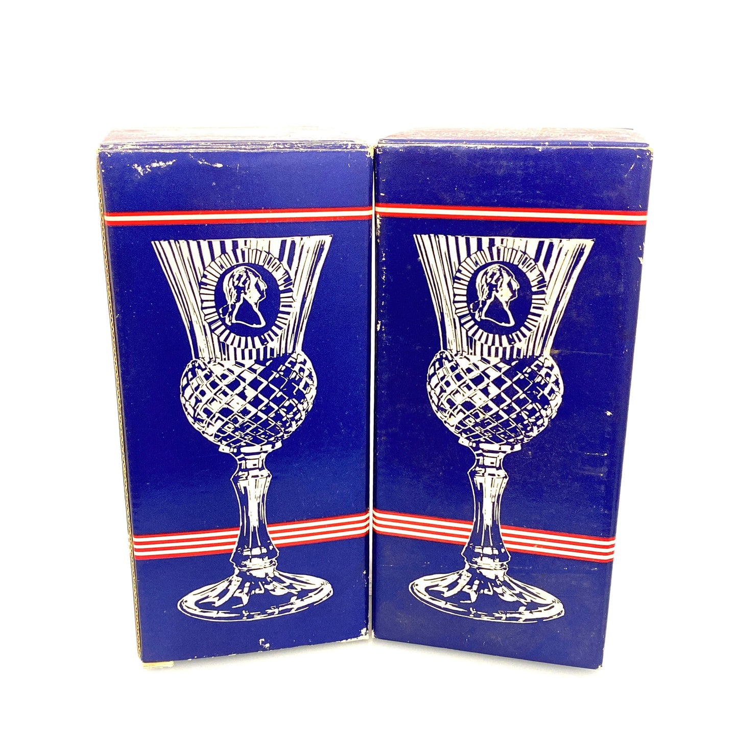 Vintage Avon by Fostoria 8” Glass Candle Holder Cobalt Blue MARTHA & GEORGE WASHINGTON 1976, Set of 2