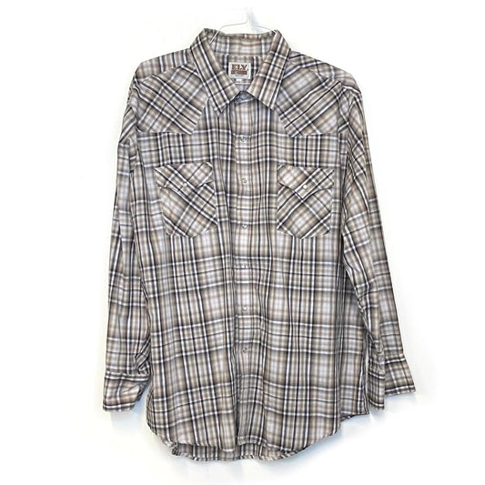 Vintage Ely Cattleman Men's White and Beige Plaid Western Pearl Snap Shirt - Size XXL - Long Sleeve
