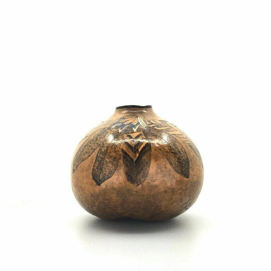 Vintage Native Navajo Gourd Vase Pot Brown Feathers Southwestern New Mexico