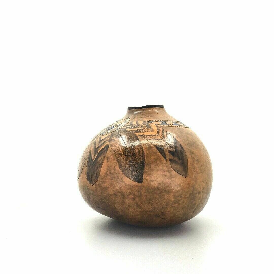 Vintage Native Navajo Gourd Vase Pot Brown Feathers Southwestern New Mexico