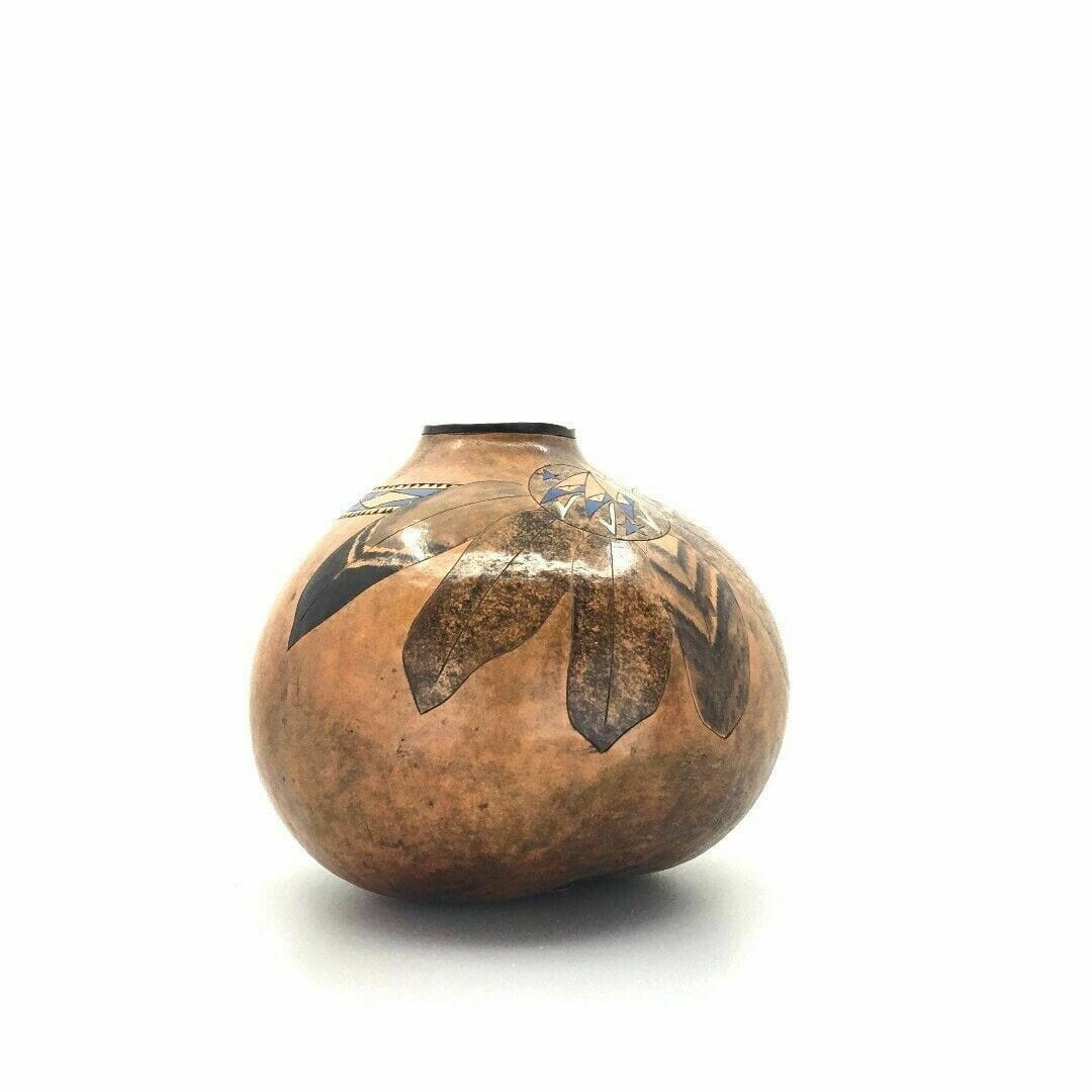 Vintage Native Navajo Gourd Vase Pot Brown Feathers Southwestern New Mexico