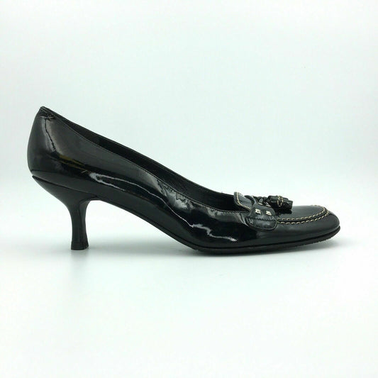 Stuart Weitzman Womens Size 8N Black Loafer Tassel Patent Leather Heels Shoes