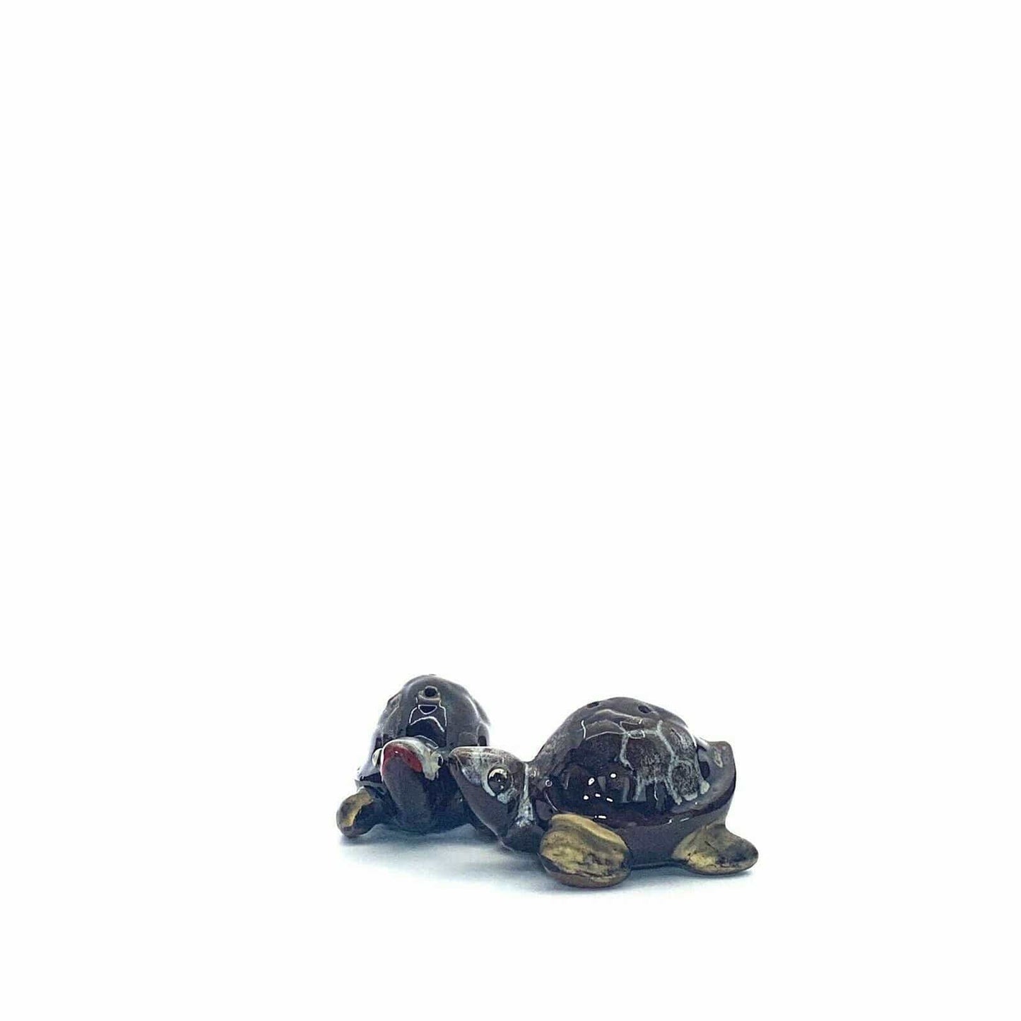 Vintage Turtle Tortoise Hand Paint Drip Glaze Salt & Pepper Shakers Set