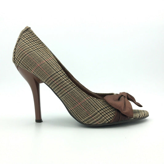 Delicious Womens Size 7.5 Brown Houndstooth Open Toe Bows Heels Pumps Shoes