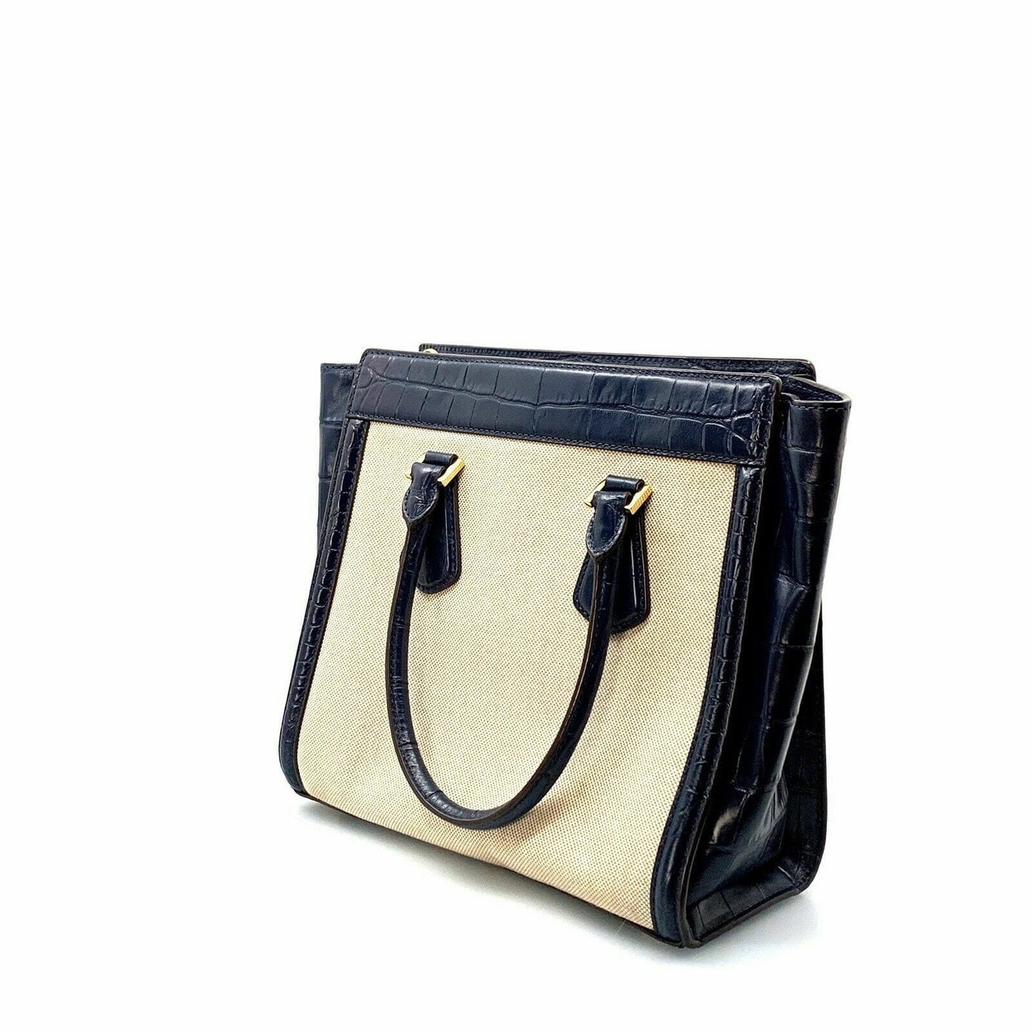 Michael Kors Colette Leather Canvas Navy Cream Tote Bag Crossbody Purse Charm