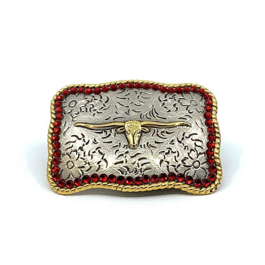 Womens Longhorn Steer Trophy Cowboy Silver Red Gold Western Belt Buckle Jeweled