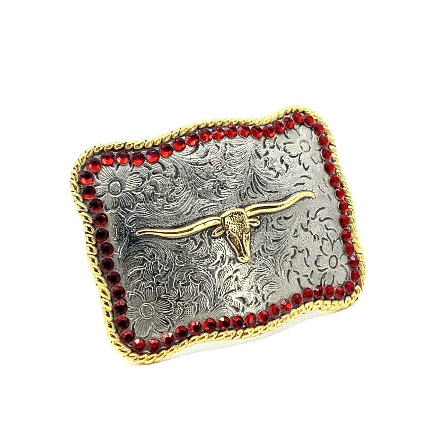 Womens Longhorn Steer Trophy Cowboy Silver Red Gold Western Belt Buckle Jeweled