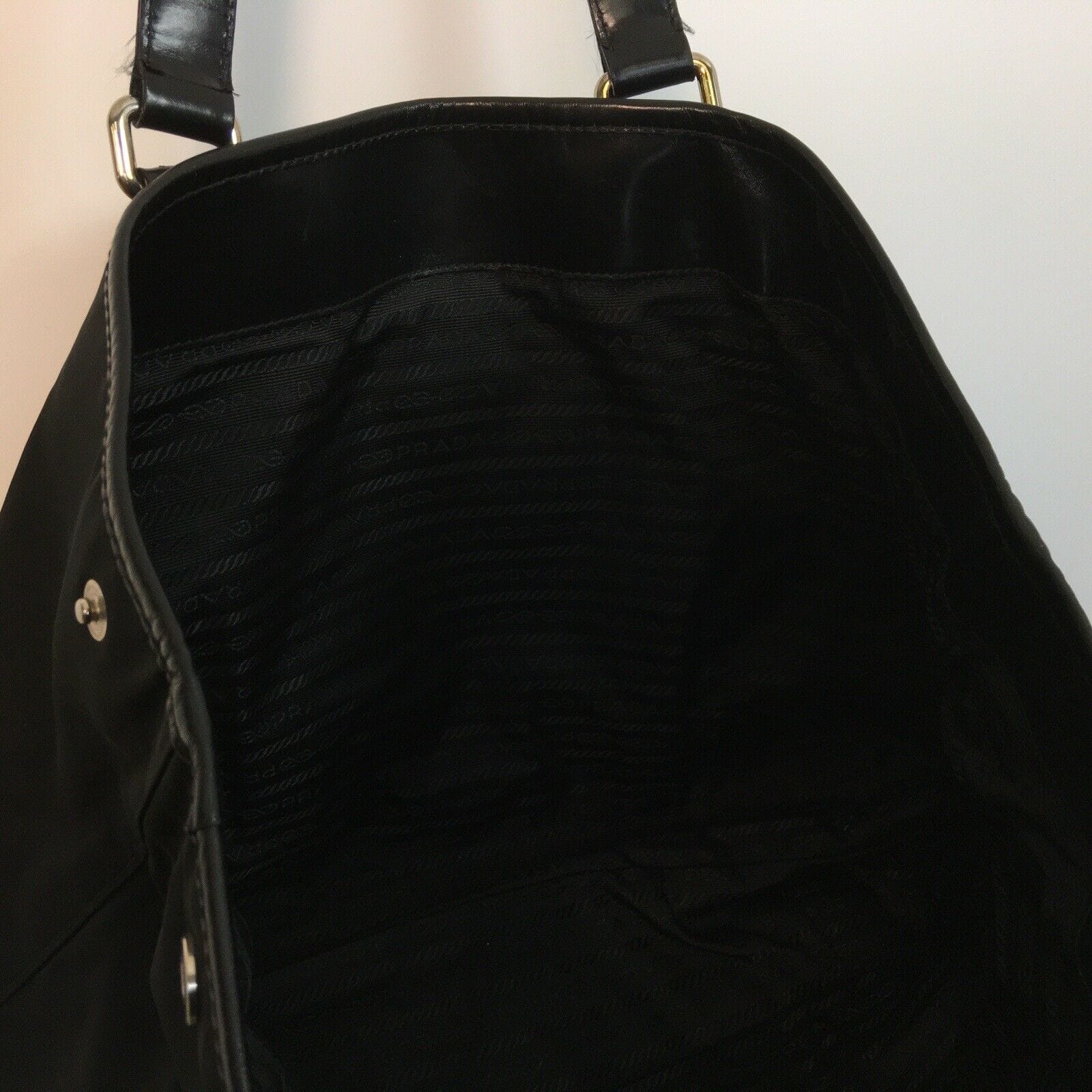 Prada Nylon Leather Large Expandable Shoulder Tote Snaps Nero Black