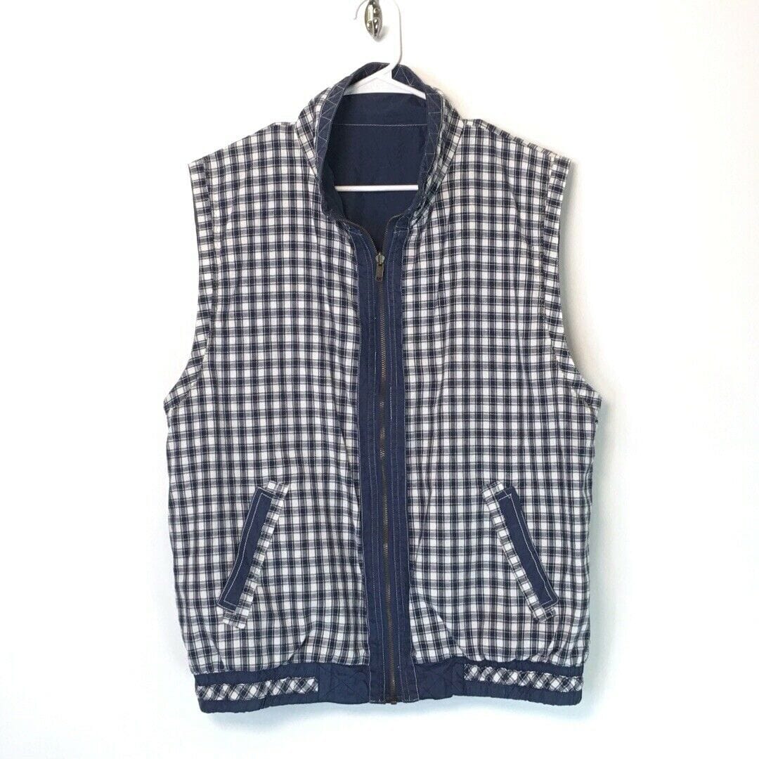 Mureli Womens Size Large Blue White Vest Check Reversible Silk Full Zip