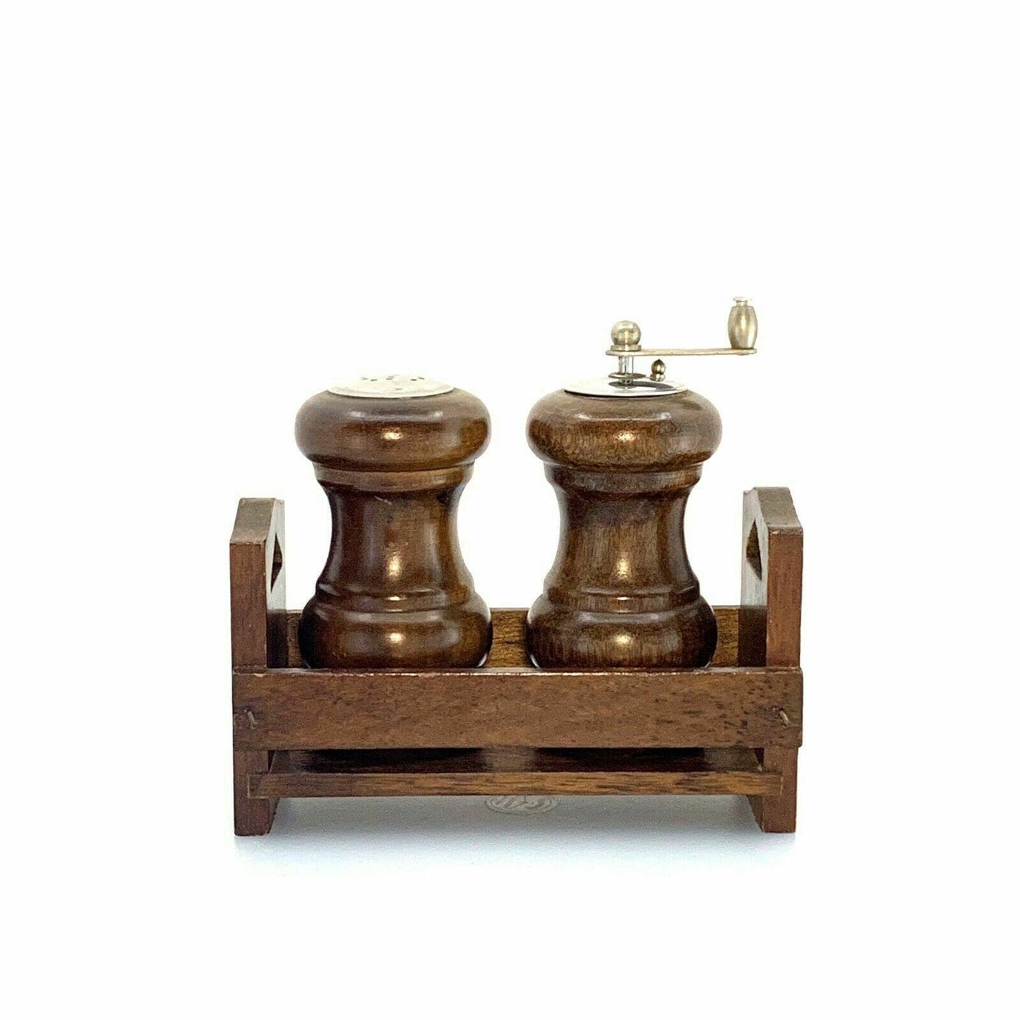 Vintage Wooden Salt Shaker & Pepper Mill Set w/ Holder/Stand