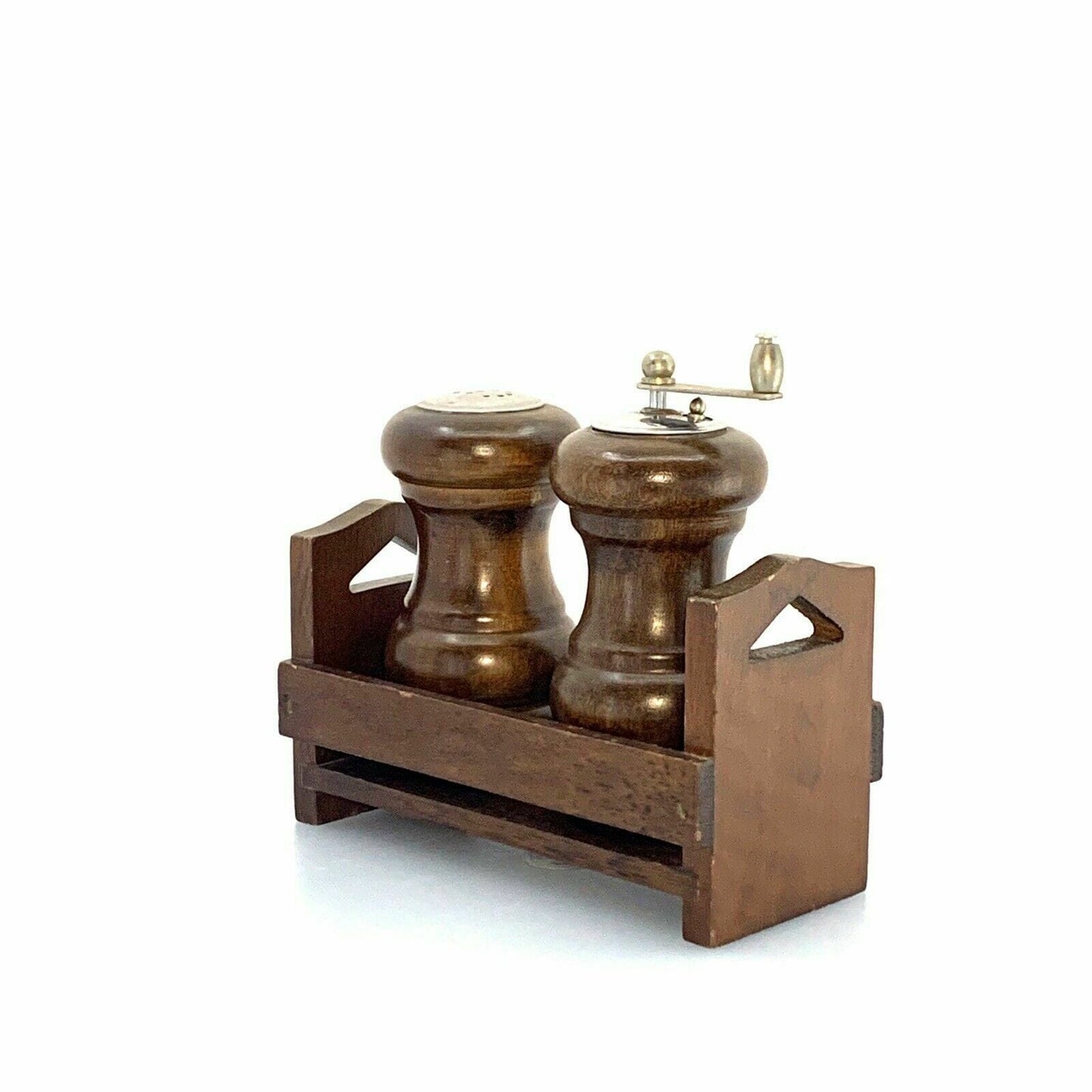 Vintage Wooden Salt Shaker & Pepper Mill Set w/ Holder/Stand