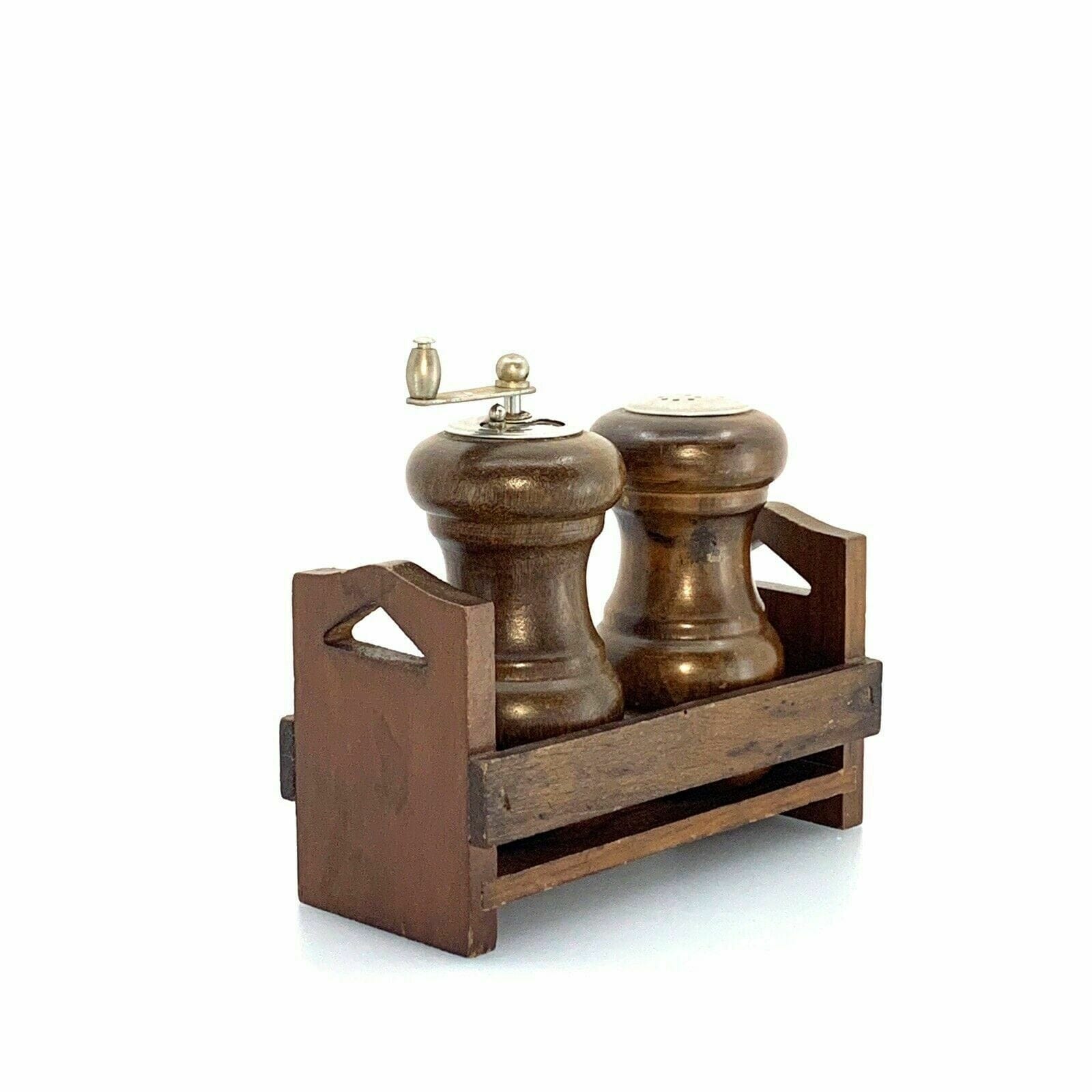 Vintage Wooden Salt Shaker & Pepper Mill Set w/ Holder/Stand