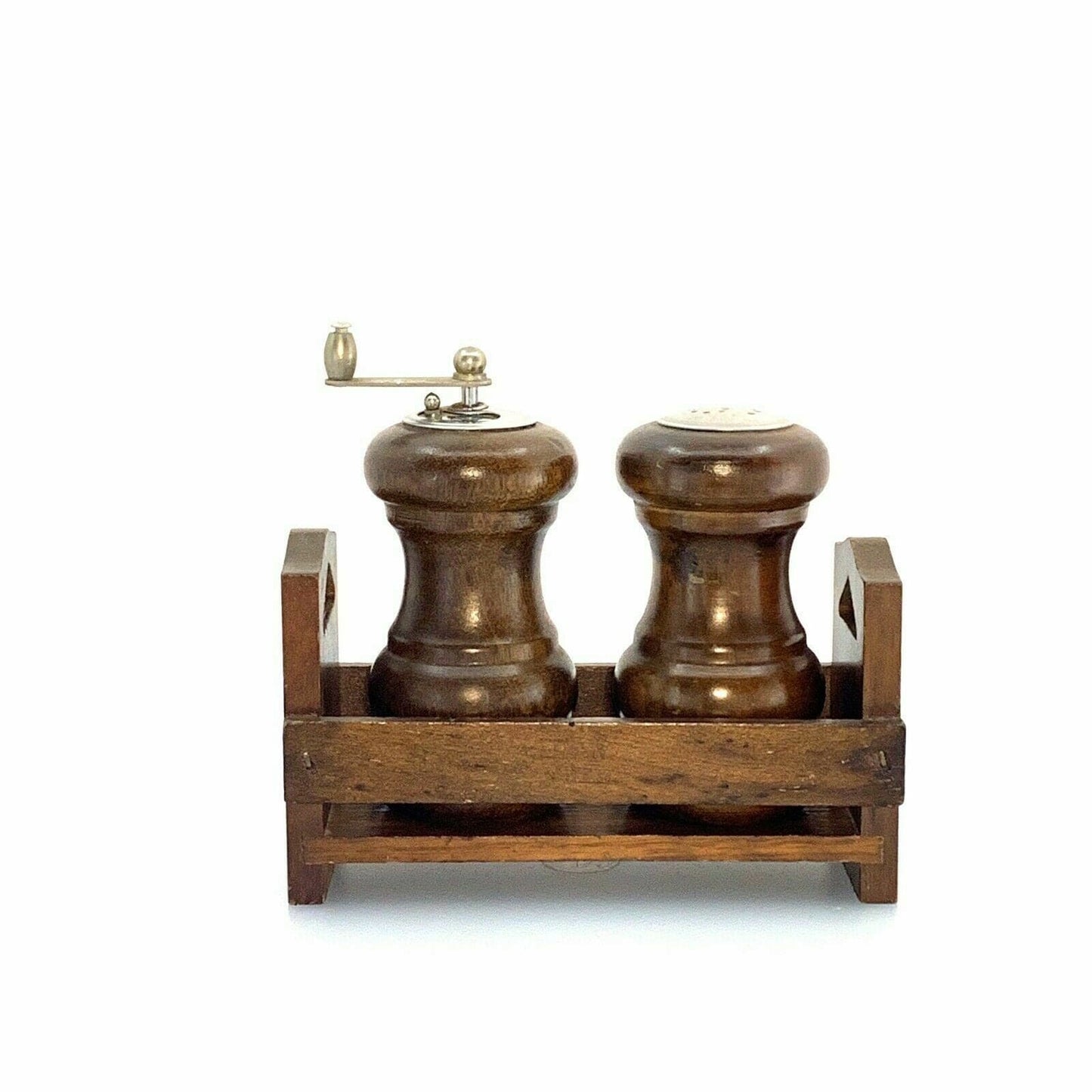 Vintage Wooden Salt Shaker & Pepper Mill Set w/ Holder/Stand