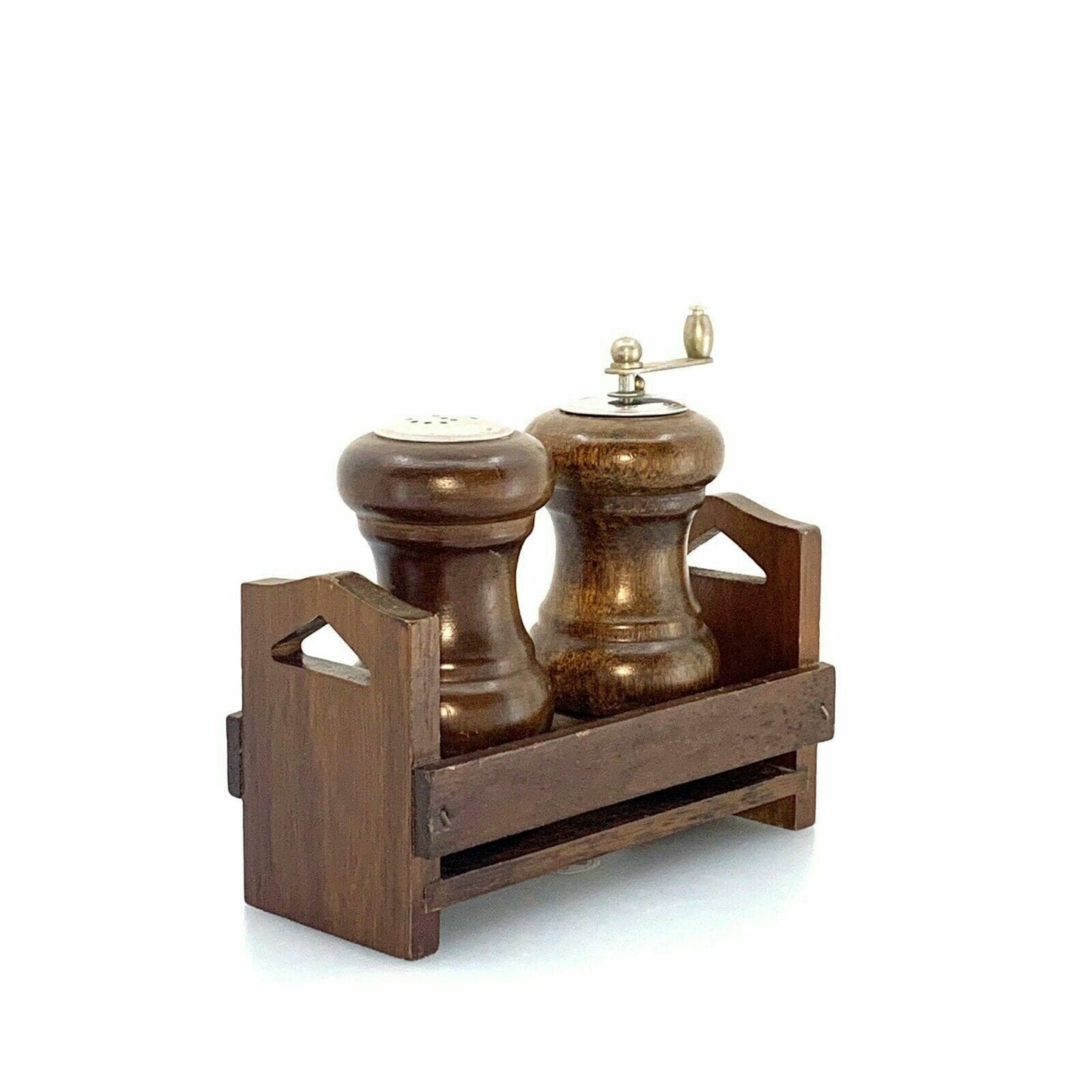 Vintage Wooden Salt Shaker & Pepper Mill Set w/ Holder/Stand