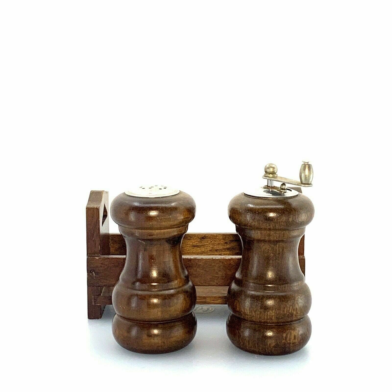 Vintage Wooden Salt Shaker & Pepper Mill Set w/ Holder/Stand