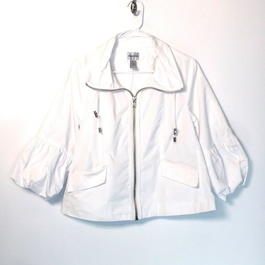 Chicos Womens Size 1 White Utility Jacket with Bubble Sleeves Full Zip Up