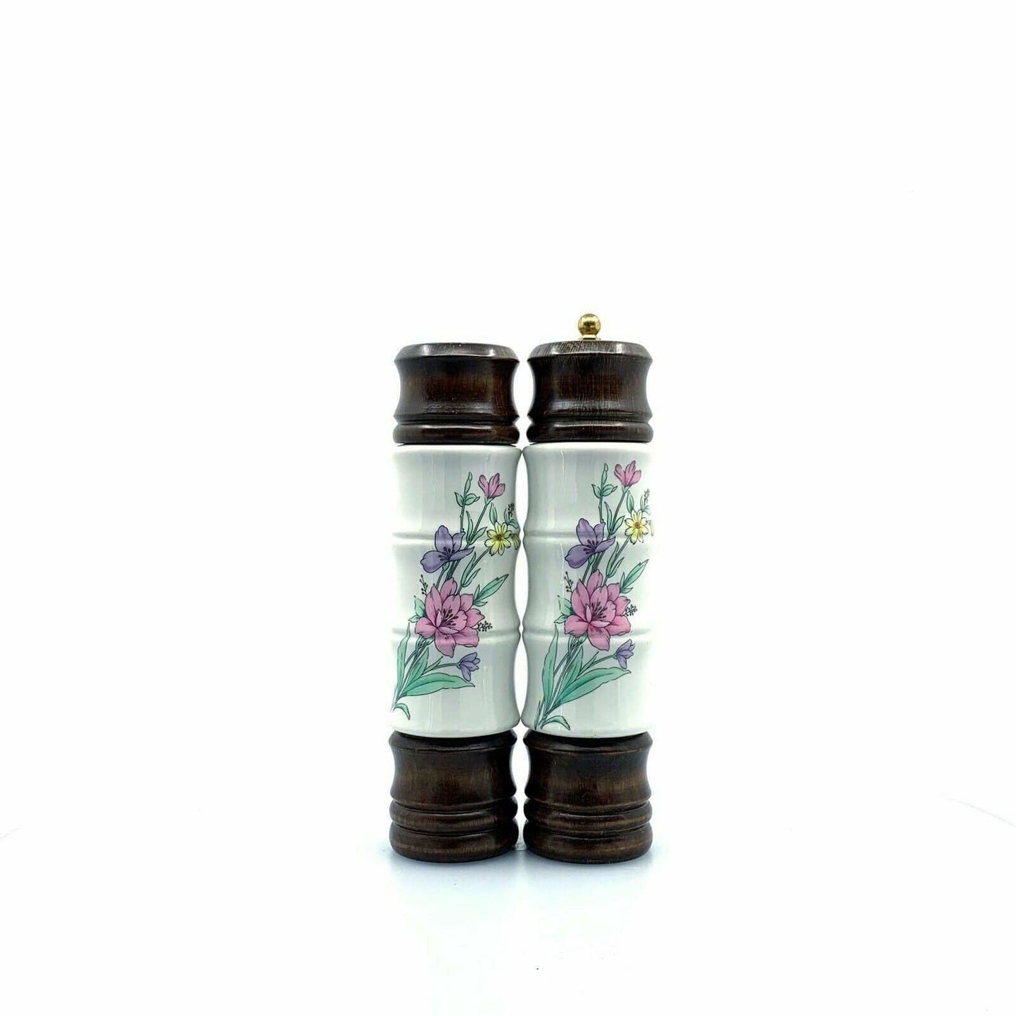 Vintage Spring Flowers Pepper Shaker Grinder & Salt Shaker White Ceramic/Wood 9"