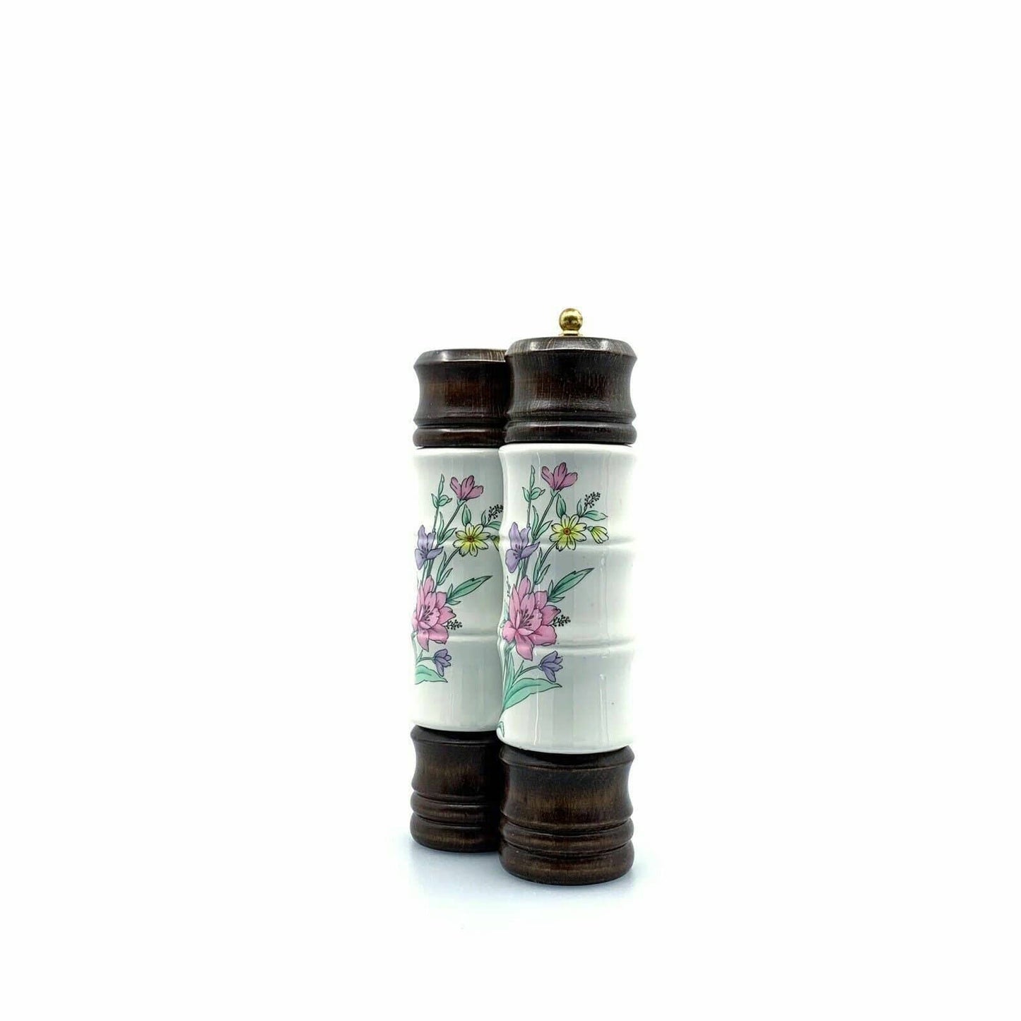 Vintage Spring Flowers Pepper Shaker Grinder & Salt Shaker White Ceramic/Wood 9"