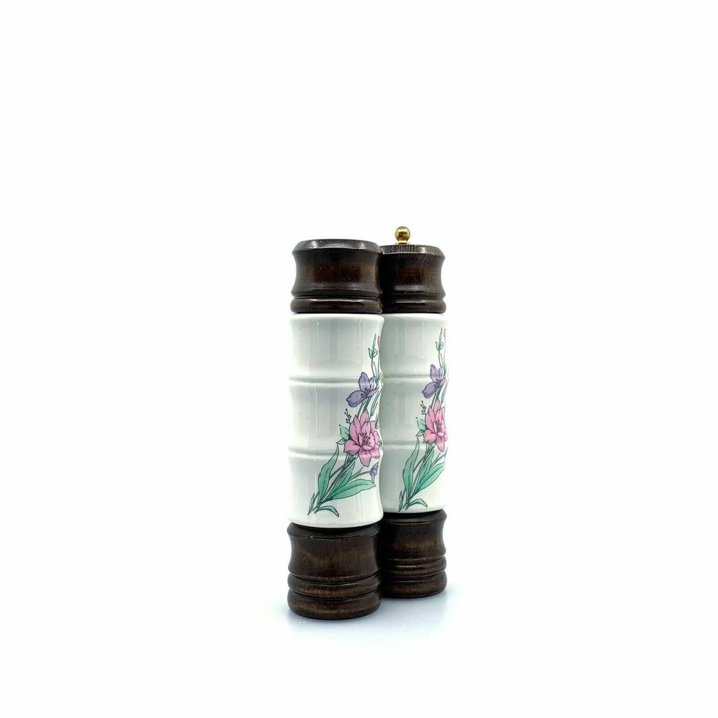 Vintage Spring Flowers Pepper Shaker Grinder & Salt Shaker White Ceramic/Wood 9"