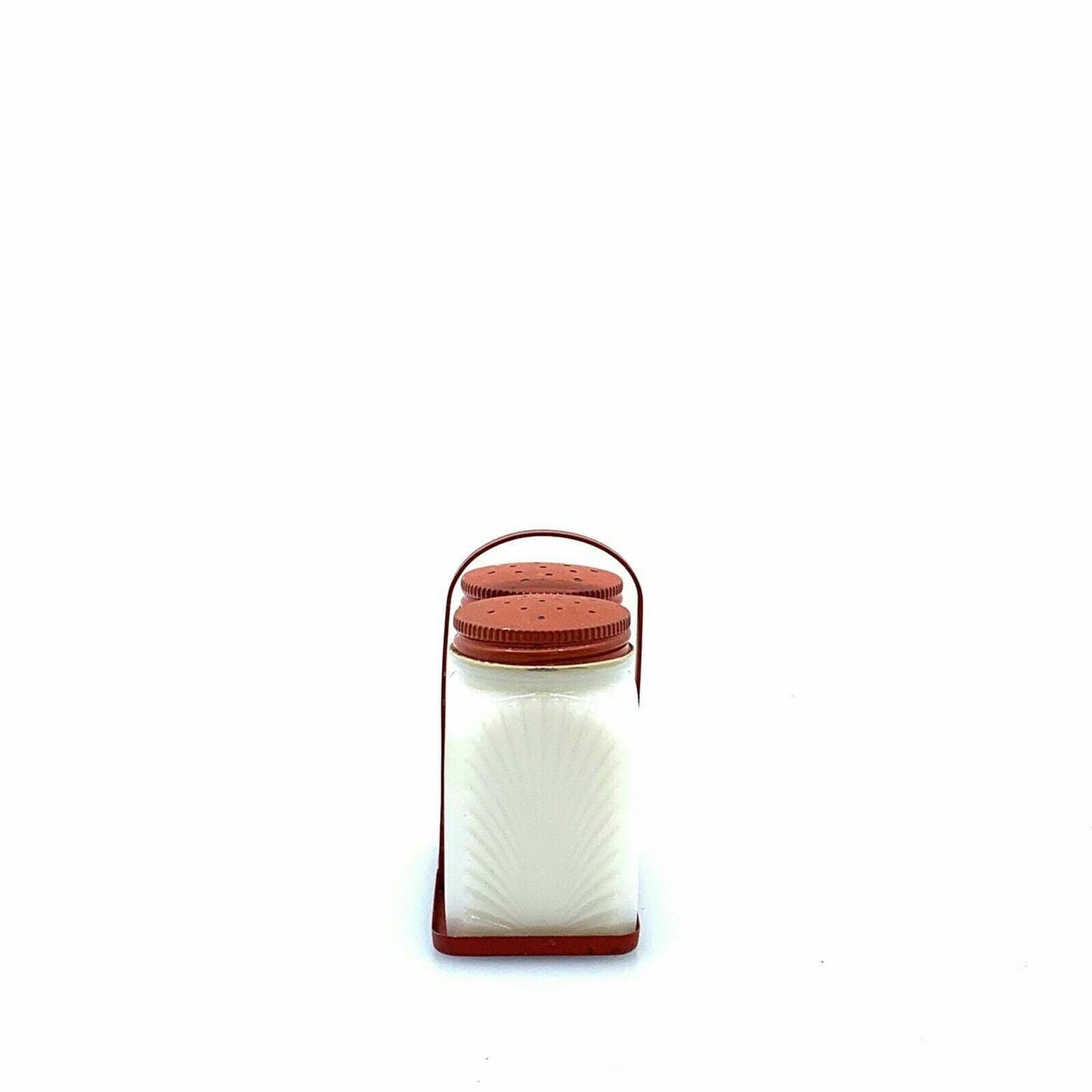 Vintage McKee Cornucopia Red Lid and Holder Salt and Pepper Shakers Milk Glass