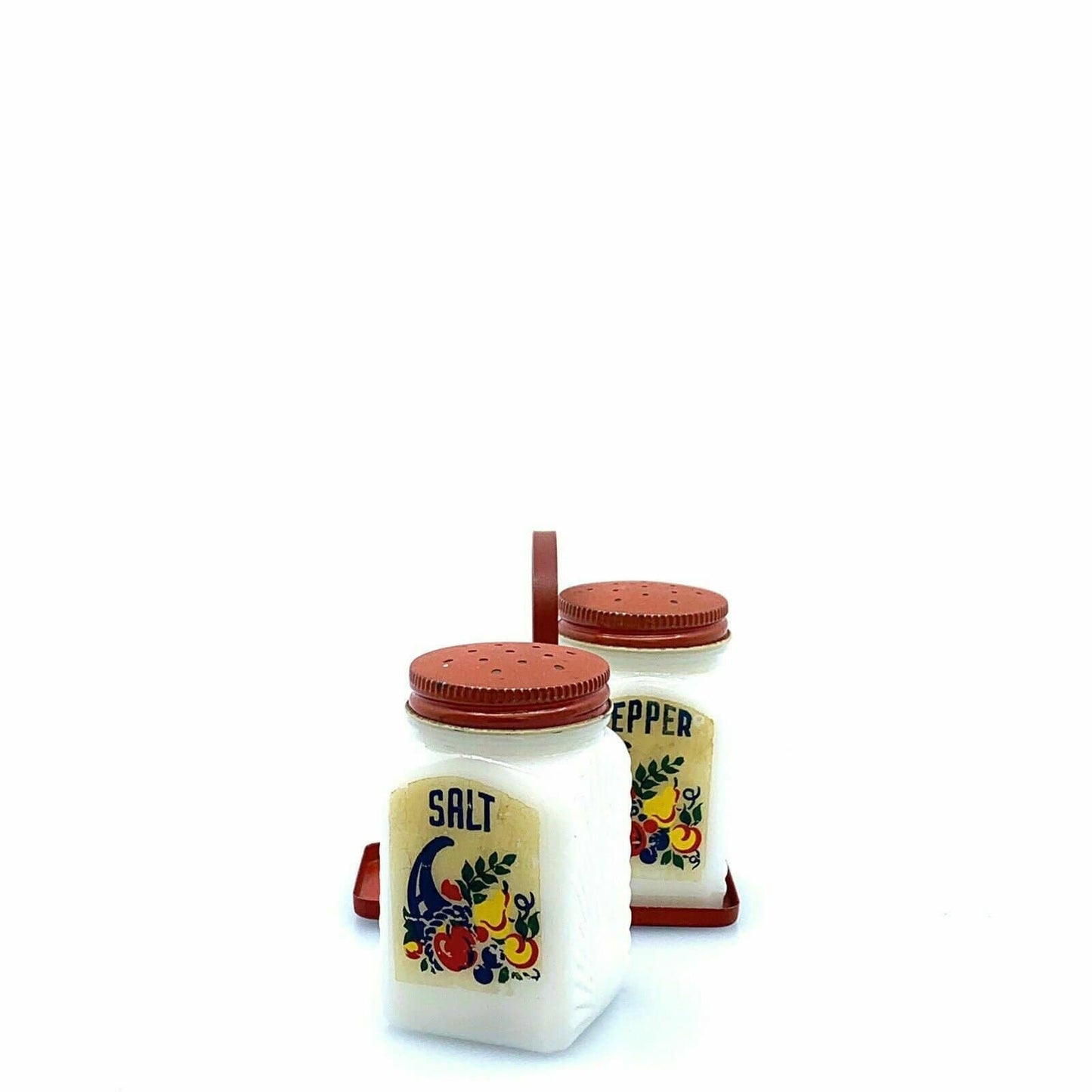 Vintage McKee Cornucopia Red Lid and Holder Salt and Pepper Shakers Milk Glass