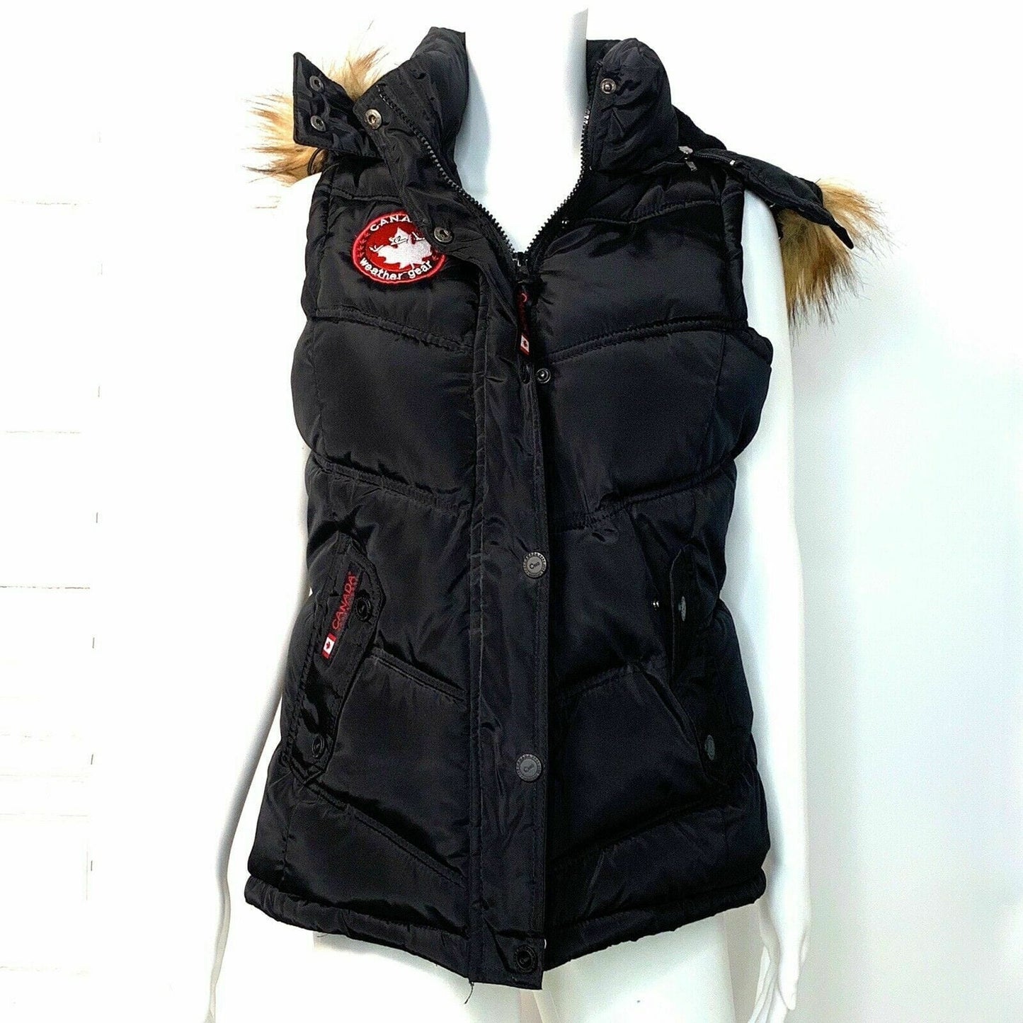 Canada Weather Gear Womens Size S Black Puffer Vest Hooded Faux Fur Trim