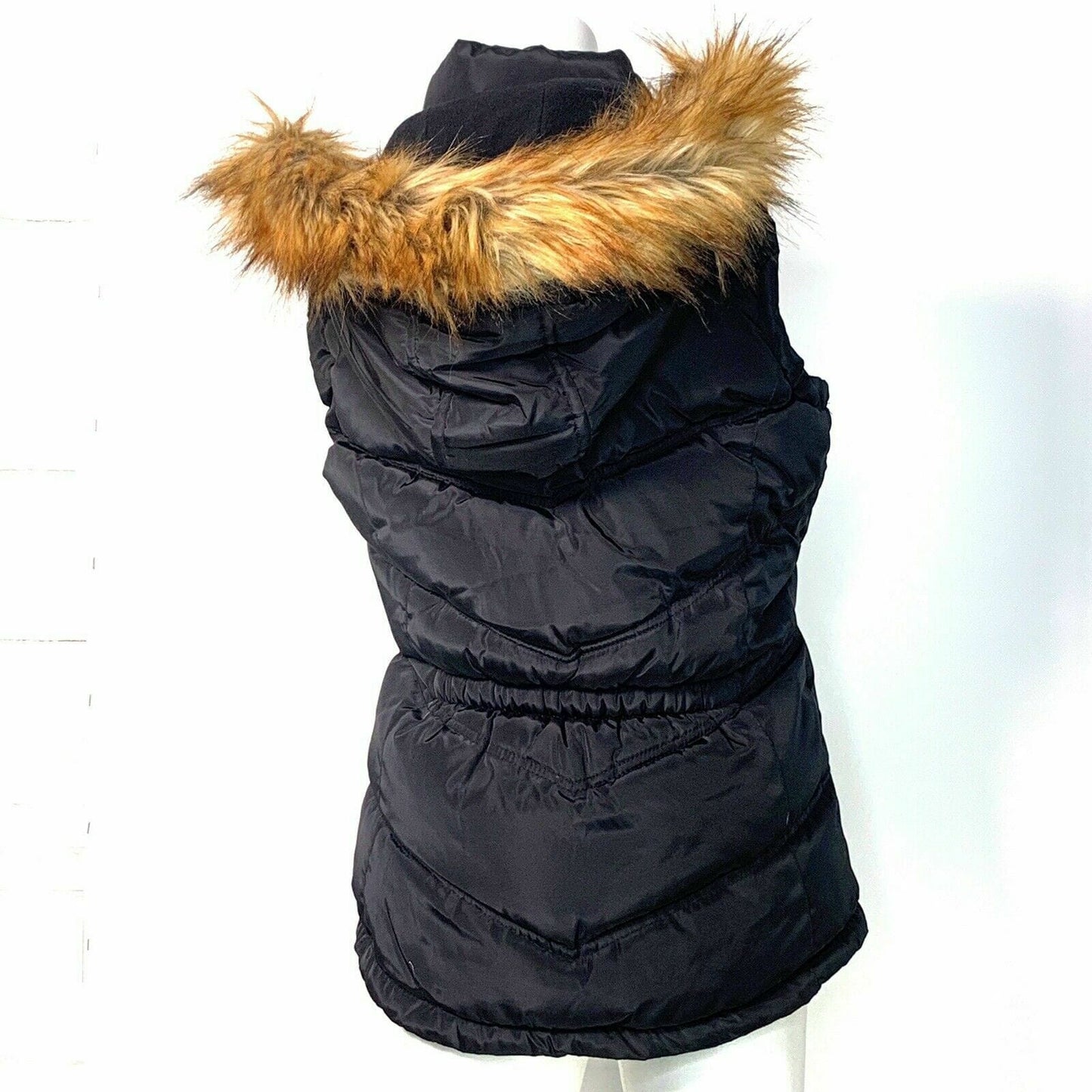Canada Weather Gear Womens Size S Black Puffer Vest Hooded Faux Fur Trim