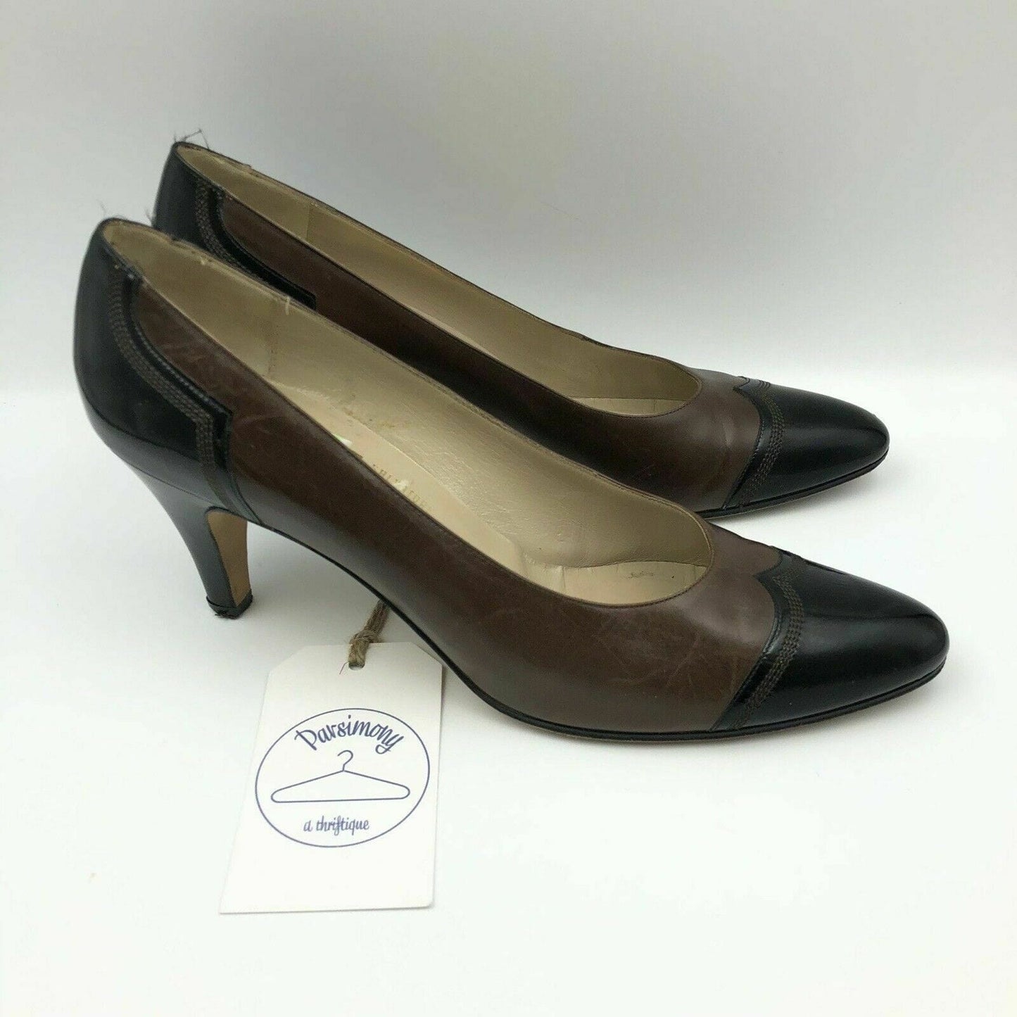 Salvatore Ferragamo Womens Brown Leather Black Patent Shoes Heels Pumps 8AAAA