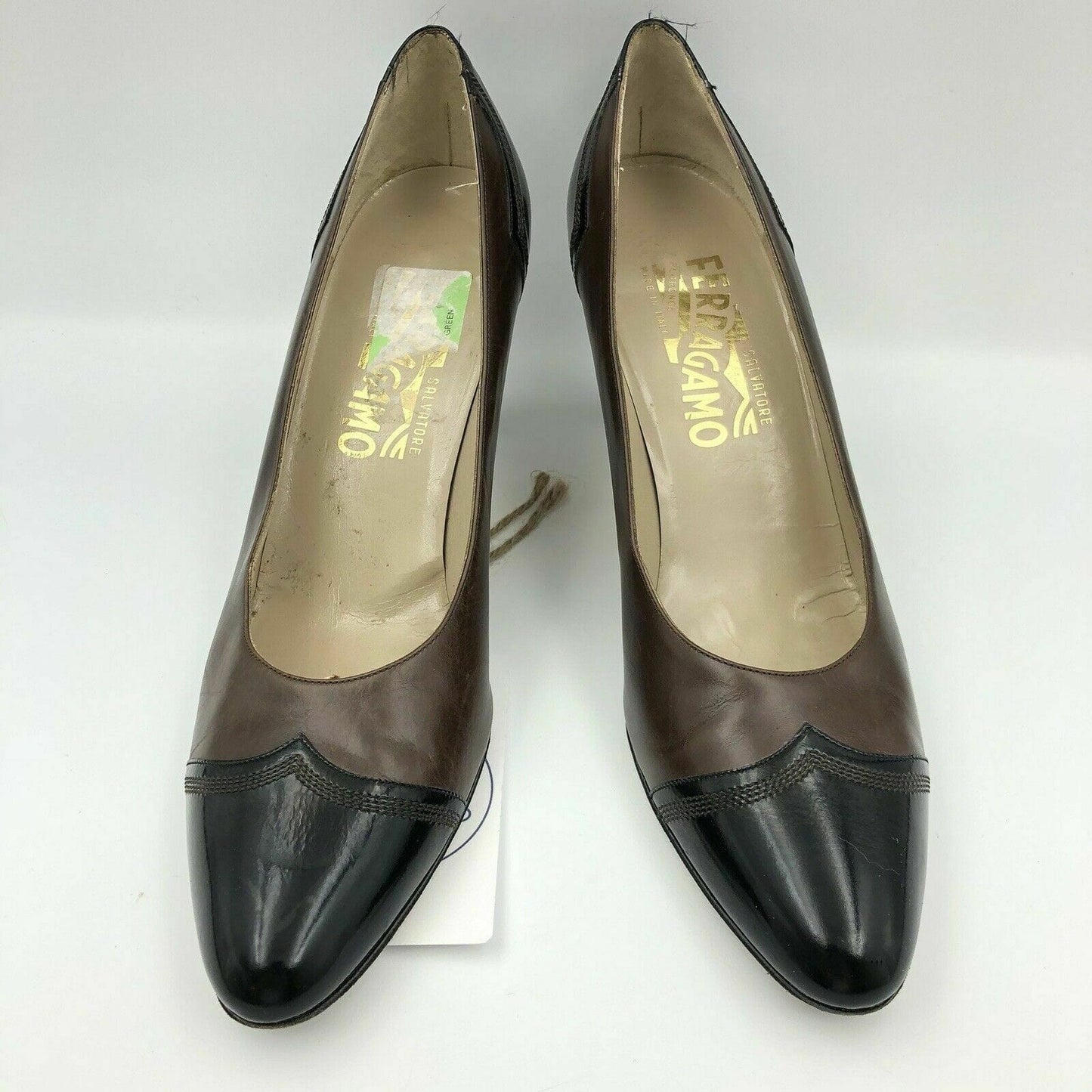 Salvatore Ferragamo Womens Brown Leather Black Patent Shoes Heels Pumps 8AAAA