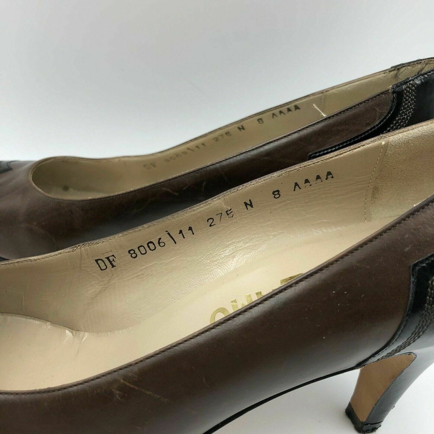 Salvatore Ferragamo Womens Brown Leather Black Patent Shoes Heels Pumps 8AAAA