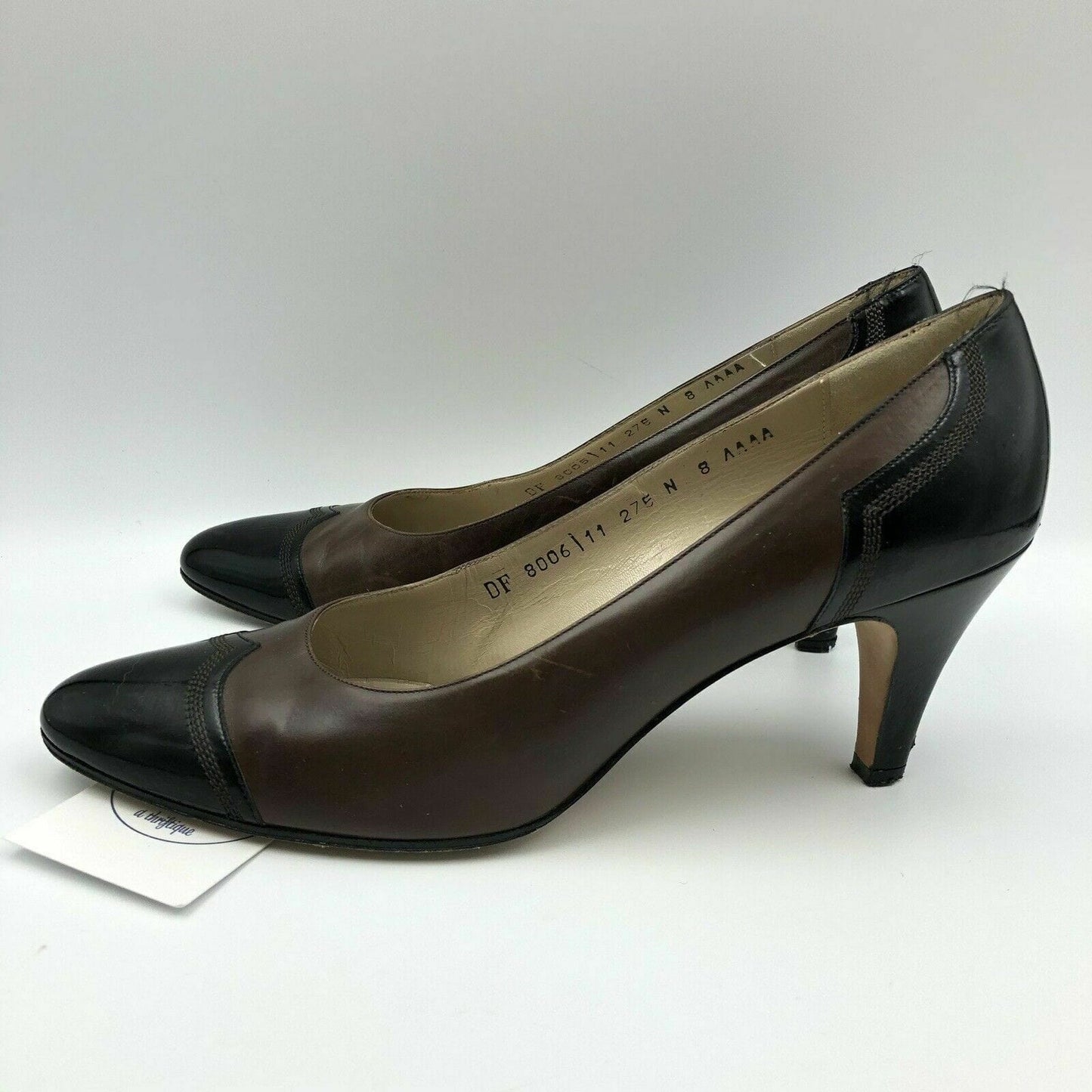 Salvatore Ferragamo Womens Brown Leather Black Patent Shoes Heels Pumps 8AAAA