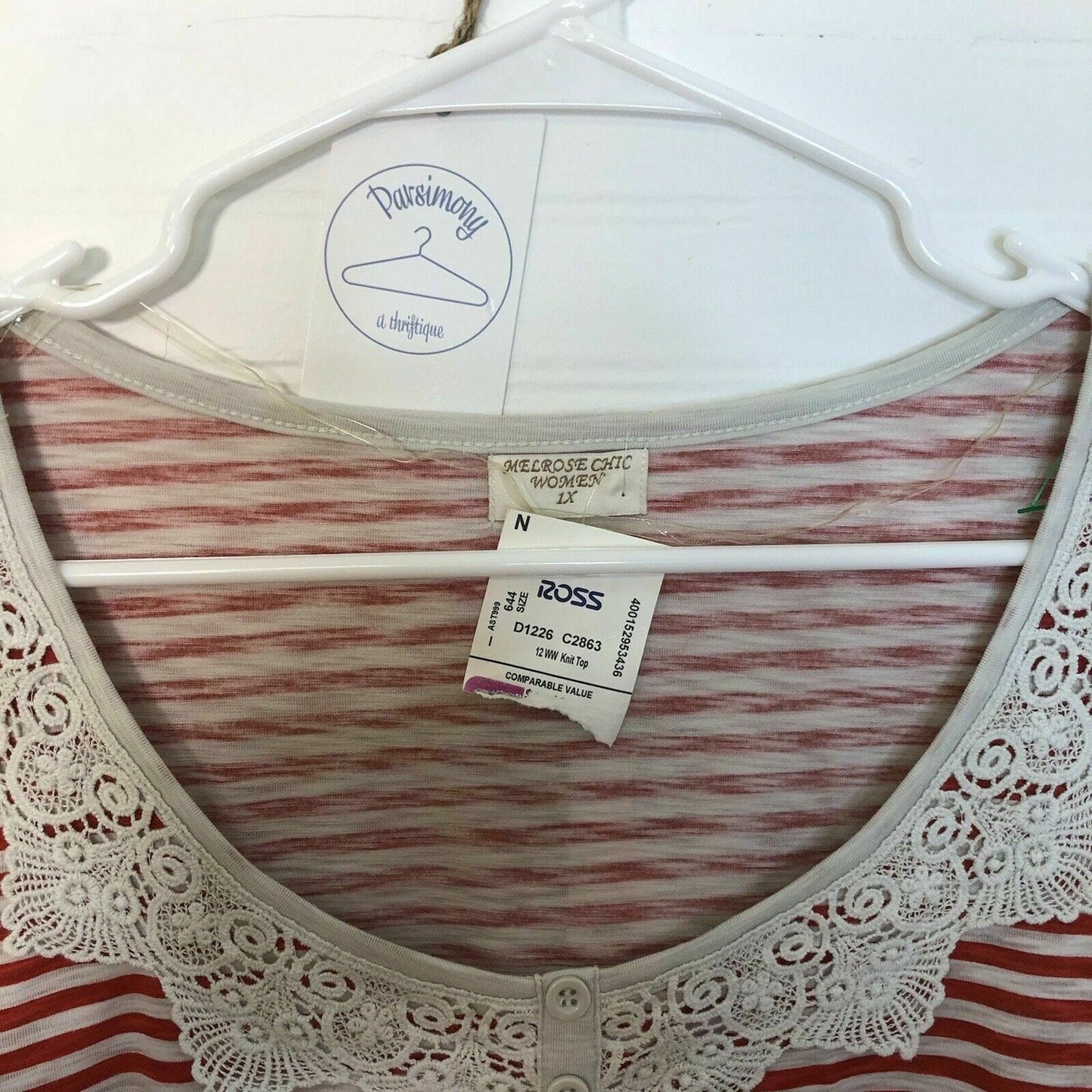 Melrose Chic Womens Size 1X Red White Striped Crocheted Collar Blouse NWT