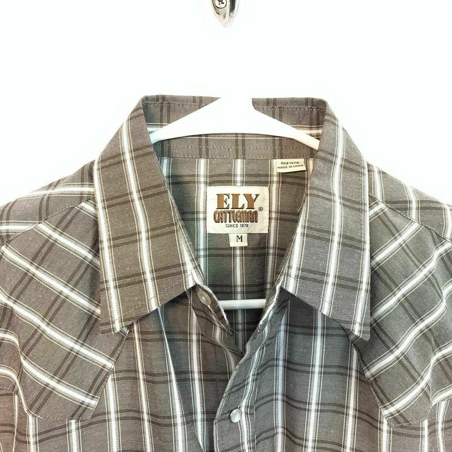 Vintage Ely Cattleman Mens Size Medium Gray Plaid Western Pearl Snap Button Up L/S Shirt