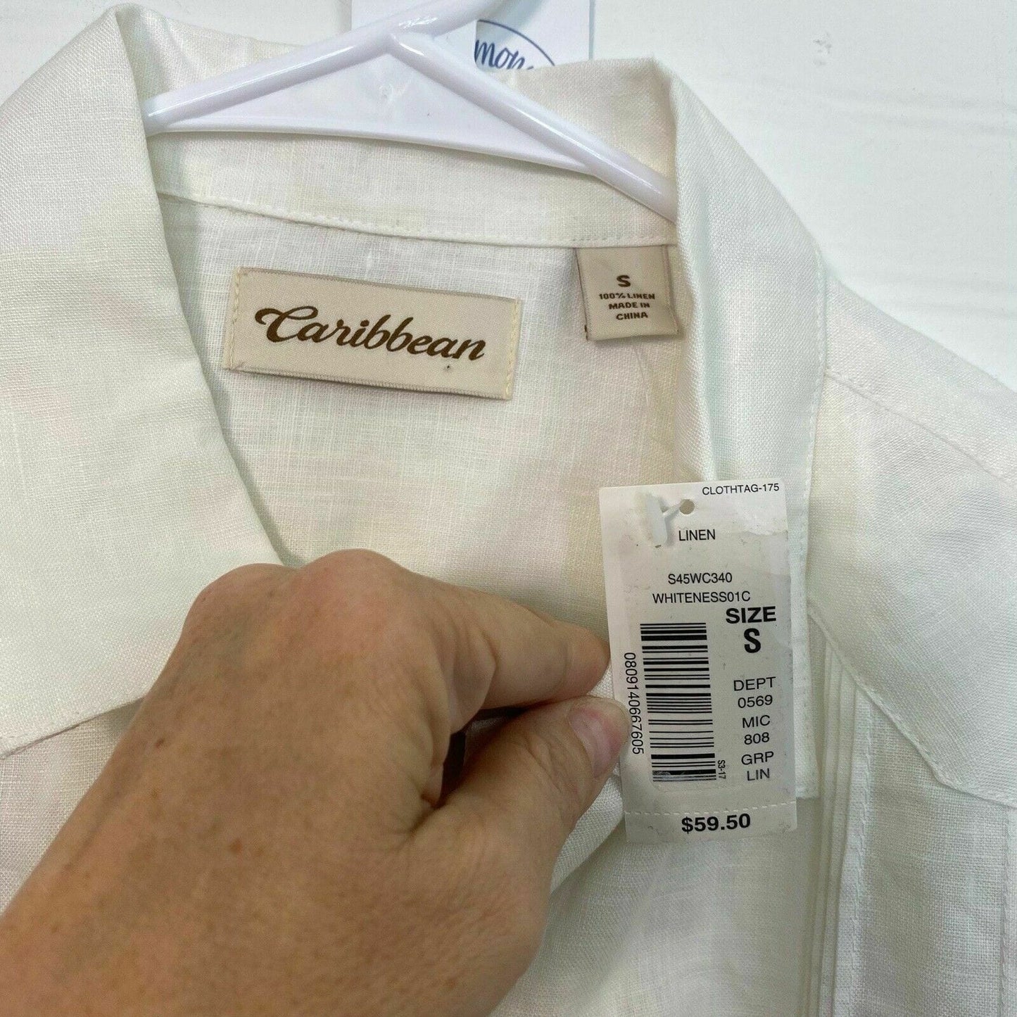 Caribbean Mens Size S Ivory White Linen Hawaiian Shirt Button-Up S/s NWT