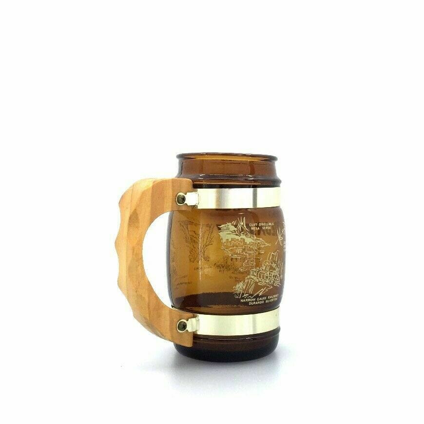Vintage Siesta Ware Amber Brown Barrel Glass Beer Mug / Wood Handle - Colorado