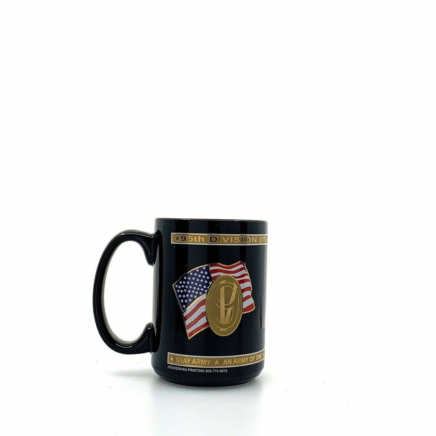 US Army Coffee Cup 95th Division (IT) American Flag “9V” Black 10 Oz.