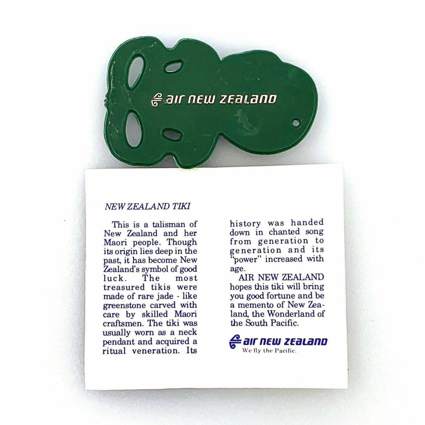 Vintage AIR NEW ZEALAND Maori Tiki Talisman Souvenir Plastic Pendant Fob & Paperwork