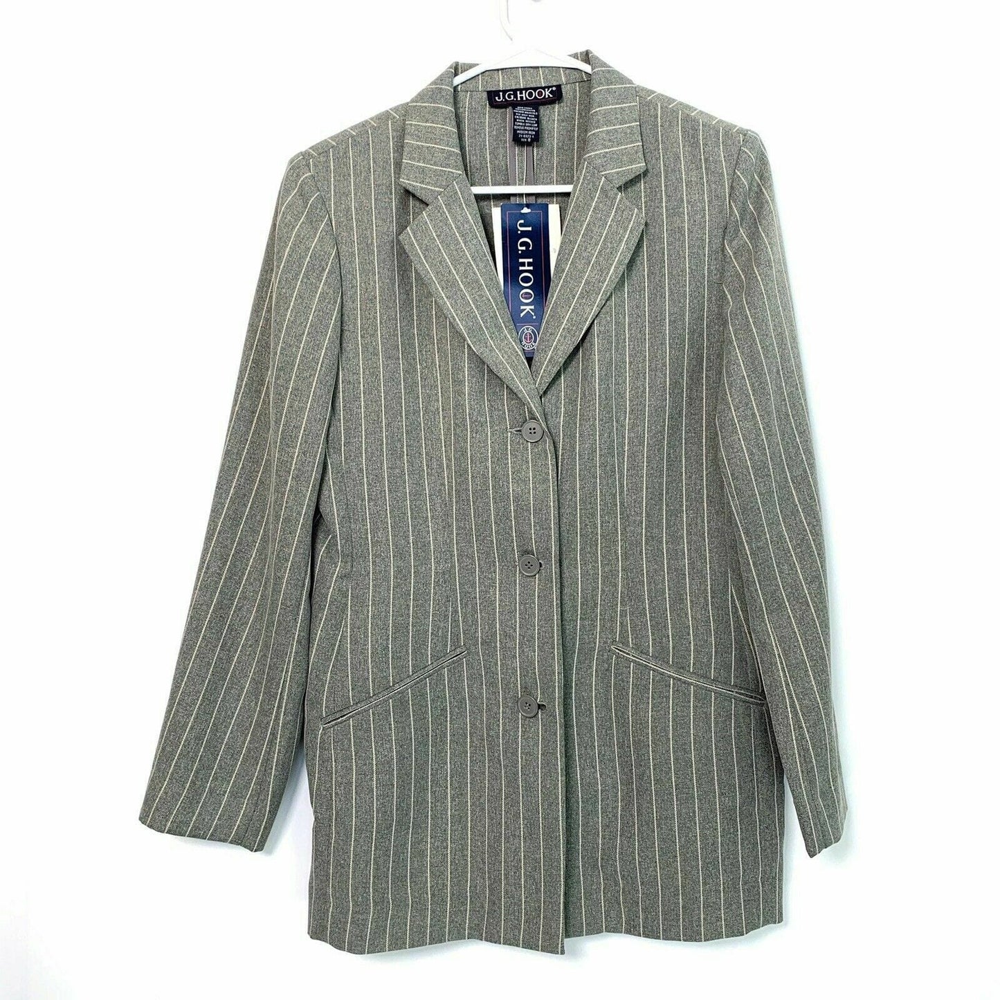 JG HOOK Womens Size 8 Gray Striped Blazer Jacket Lined Suit 3 Button