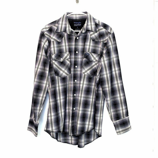 Wrangler Performance Mens Size L Western Gray Plaid Shirt Pearl Snap-Up L/s