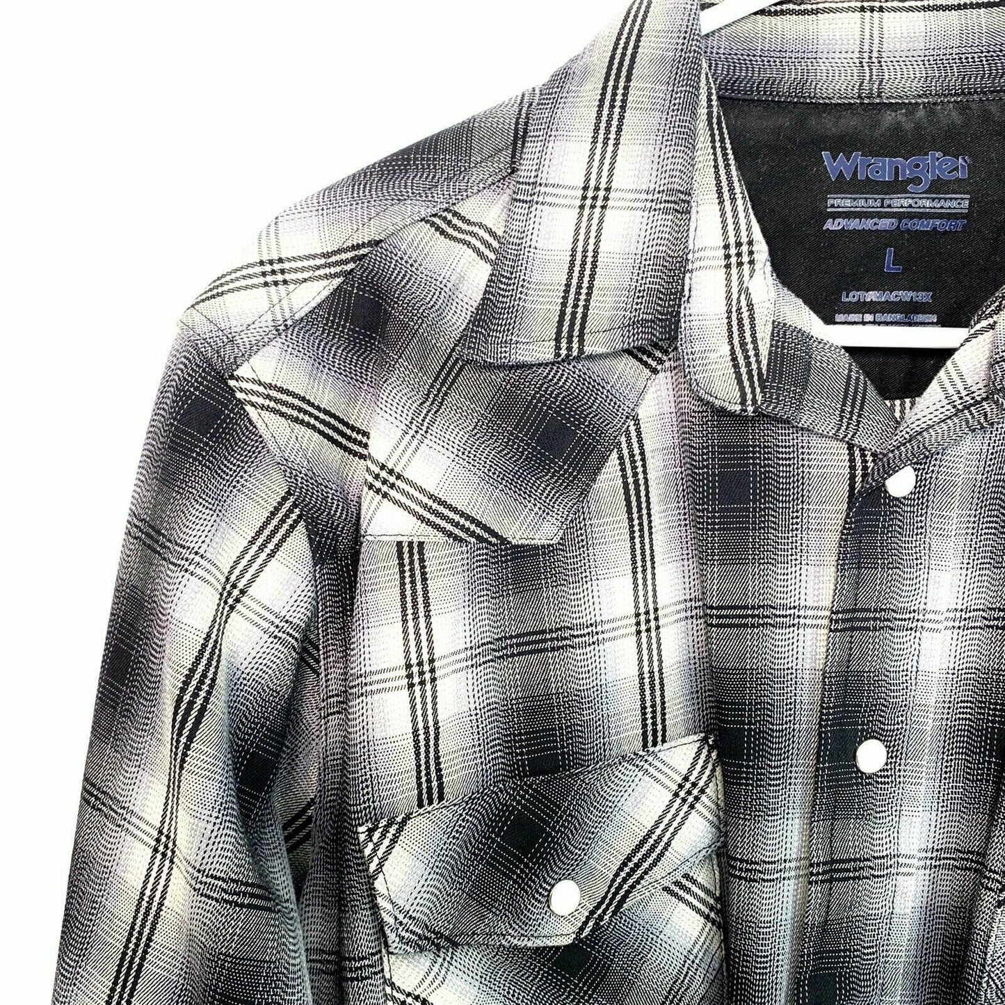 Wrangler Performance Men's Western Gray Plaid Pearl Snap Shirt - Size L - Moisture-Wicking