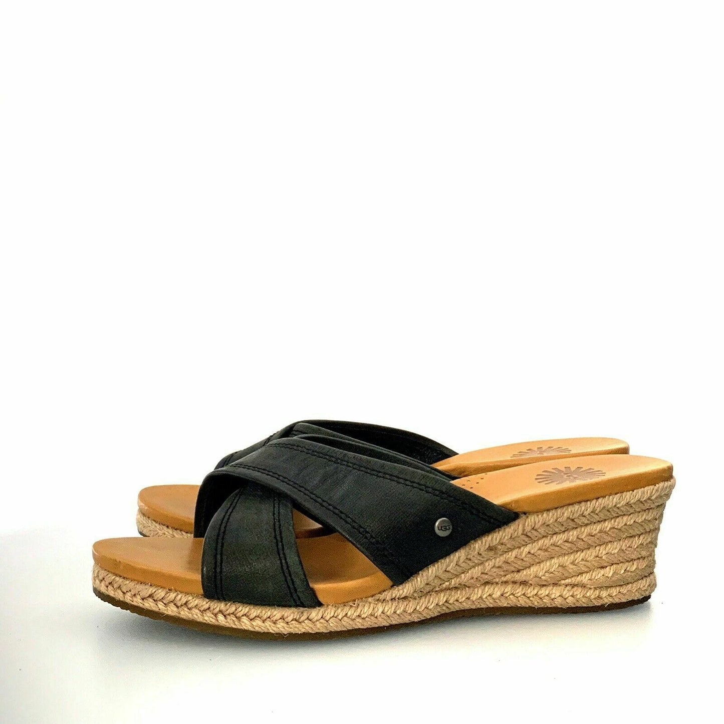 UGG Australia Womens “Gwyn” Size 7.5 Black Wedge Leather Sandals Slides