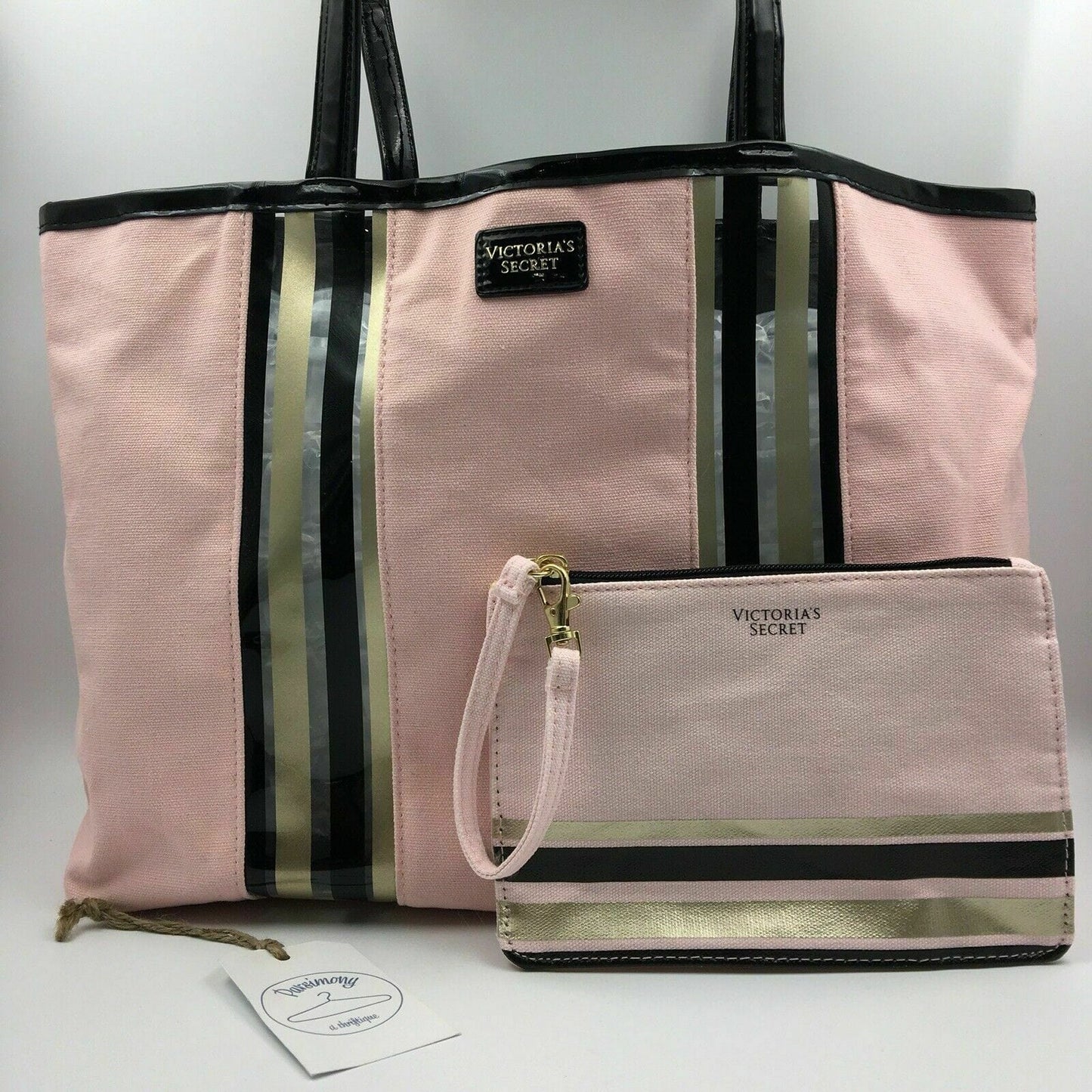 Victoria’s Secret Pale Pink W/ Black & Gold Strips Beach Tote W/ Makeup Bag