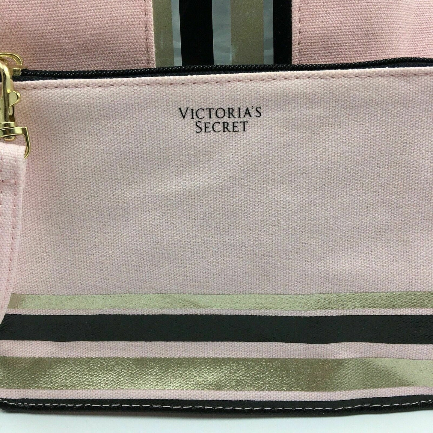 Victoria’s Secret Pale Pink W/ Black & Gold Strips Beach Tote W/ Makeup Bag