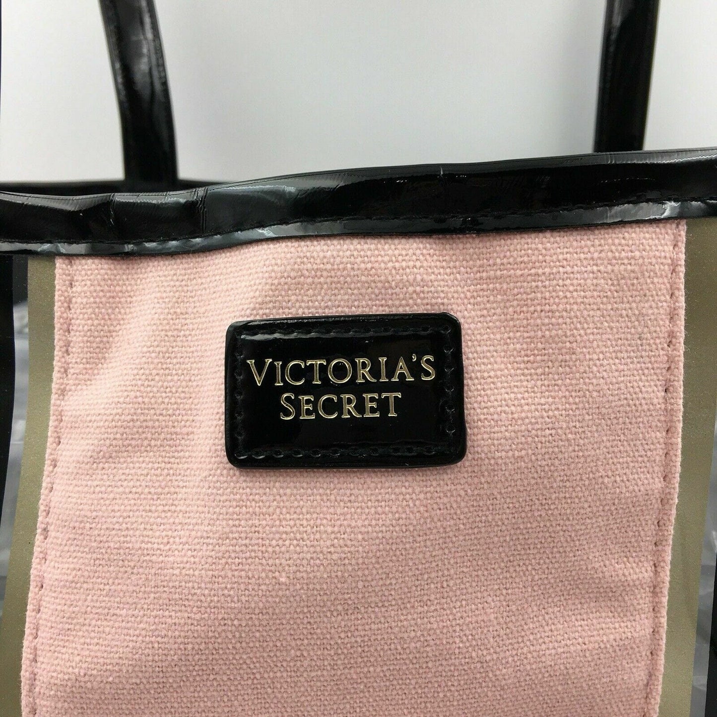 Victoria’s Secret Pale Pink W/ Black & Gold Strips Beach Tote W/ Makeup Bag