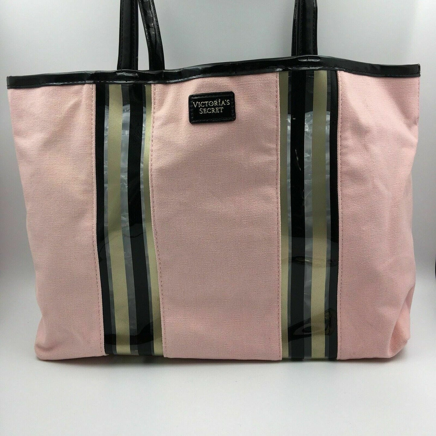 Victoria’s Secret Pale Pink W/ Black & Gold Strips Beach Tote W/ Makeup Bag