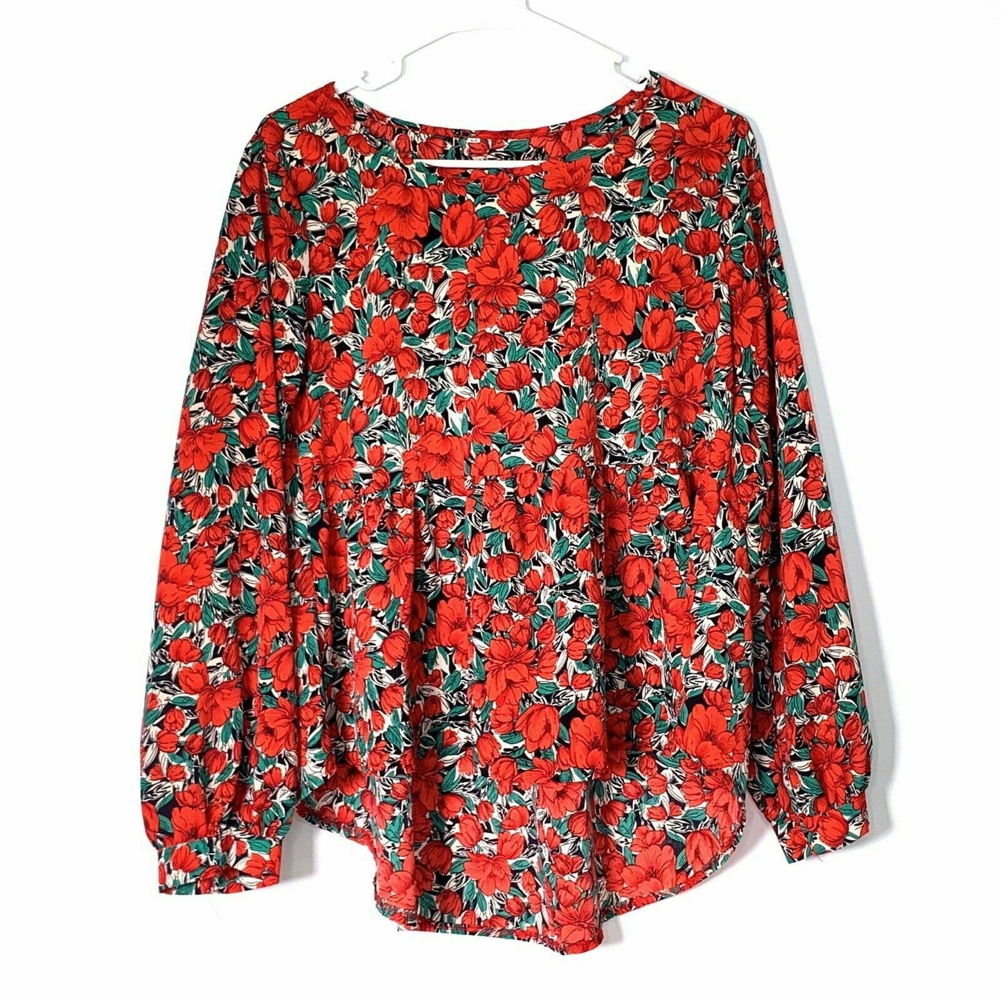 SHEIN Womens Size M Red Chiffon Floral High Low Peplum Babydoll Blouse L/s