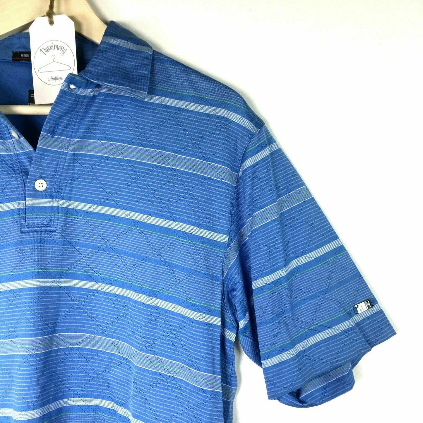 Tiger Woods Mens Size Small Blue White Polo Golf Short Sleeve Stripes