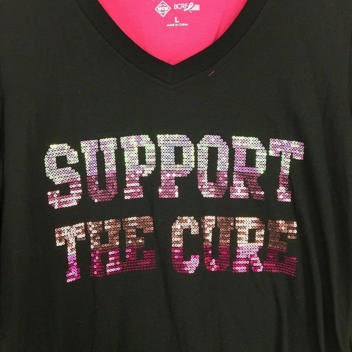 Breast Cancer Awareness Womens Size L Black V-Neck T-Shirt “Support the Cure” Sequined L/s